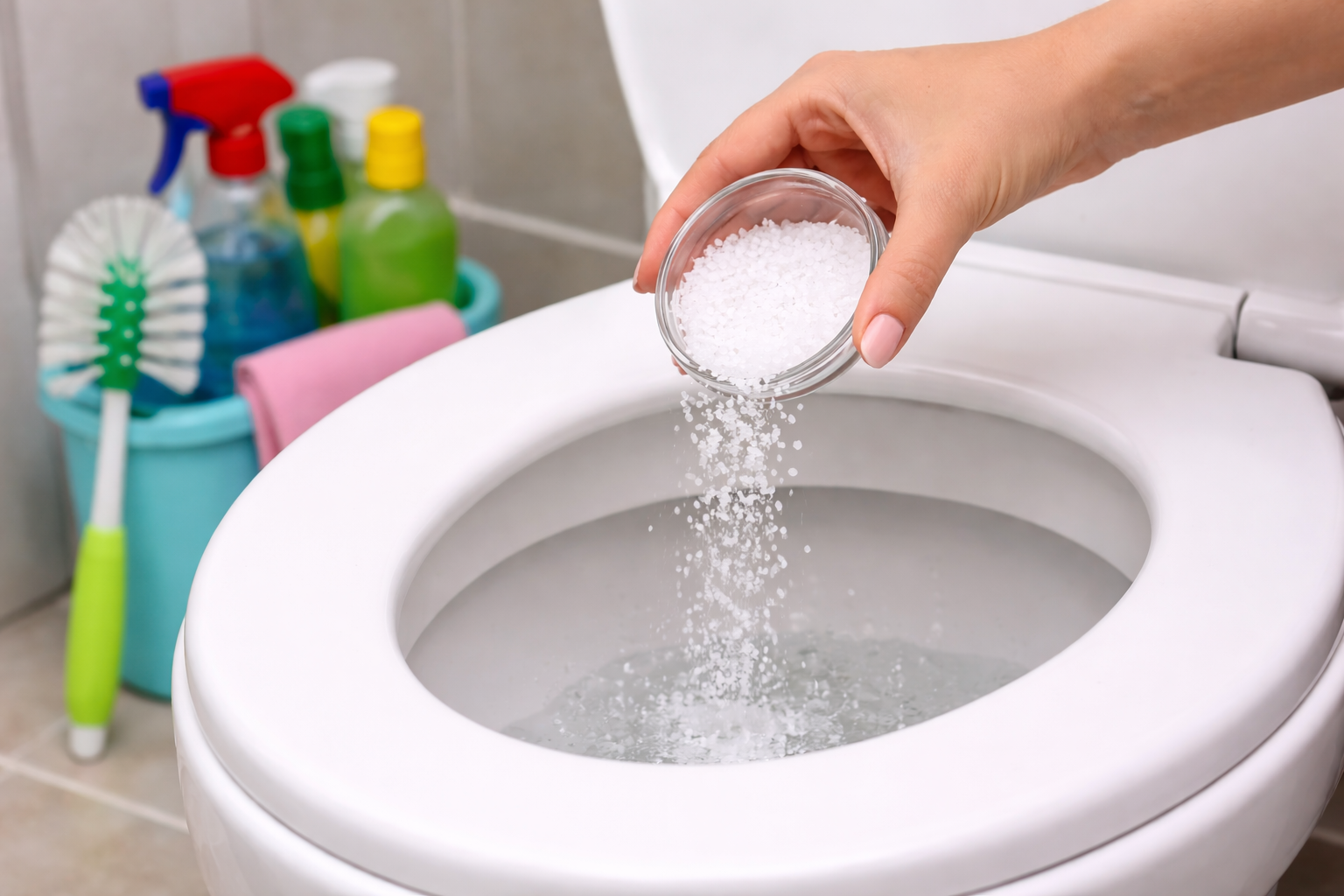 O que acontece se você jogar sal grosso no ralo do banheiro toda segunda-feira? O resultado vai te surpreender 2 Mão despeja sal grosso em vaso sanitário ao lado de balde com produtos de limpeza