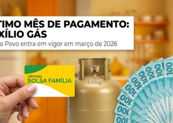 Mão segurando cartão Bolsa Família ao lado de botijão de gás e notas de R$ 100