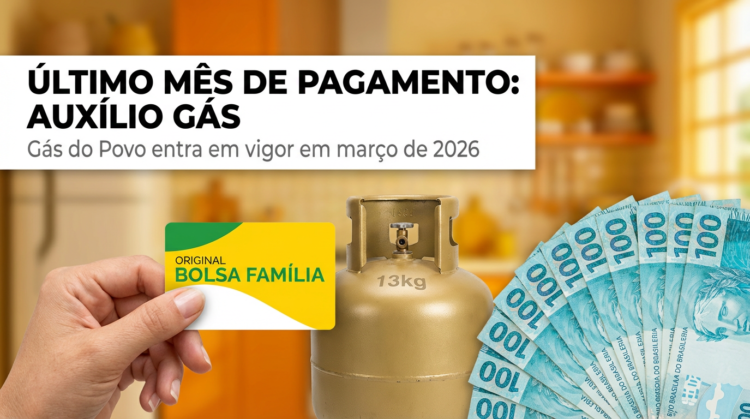 Alerta: Fevereiro é o último mês de pagamento do Auxílio Gás 1 Mão segurando cartão Bolsa Família ao lado de botijão de gás e notas de R$ 100