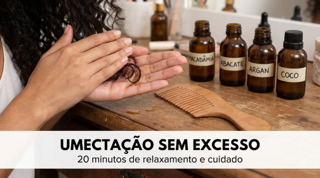 Cuidado: O ingrediente 'natural' que você está passando no cabelo e que pode estar destruindo os fios 3 Aplicação de óleo vegetal nos cabelos durante o processo de umectação, com frascos de macadâmia, abacate, argan e coco ao fundo.