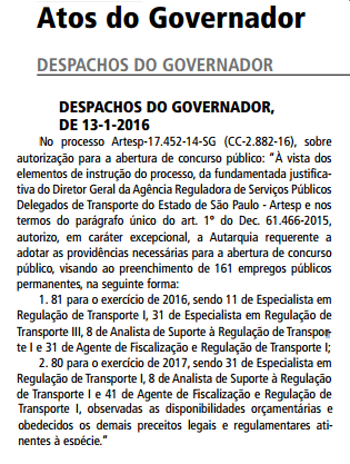 Autorização do concurso artesp 2016