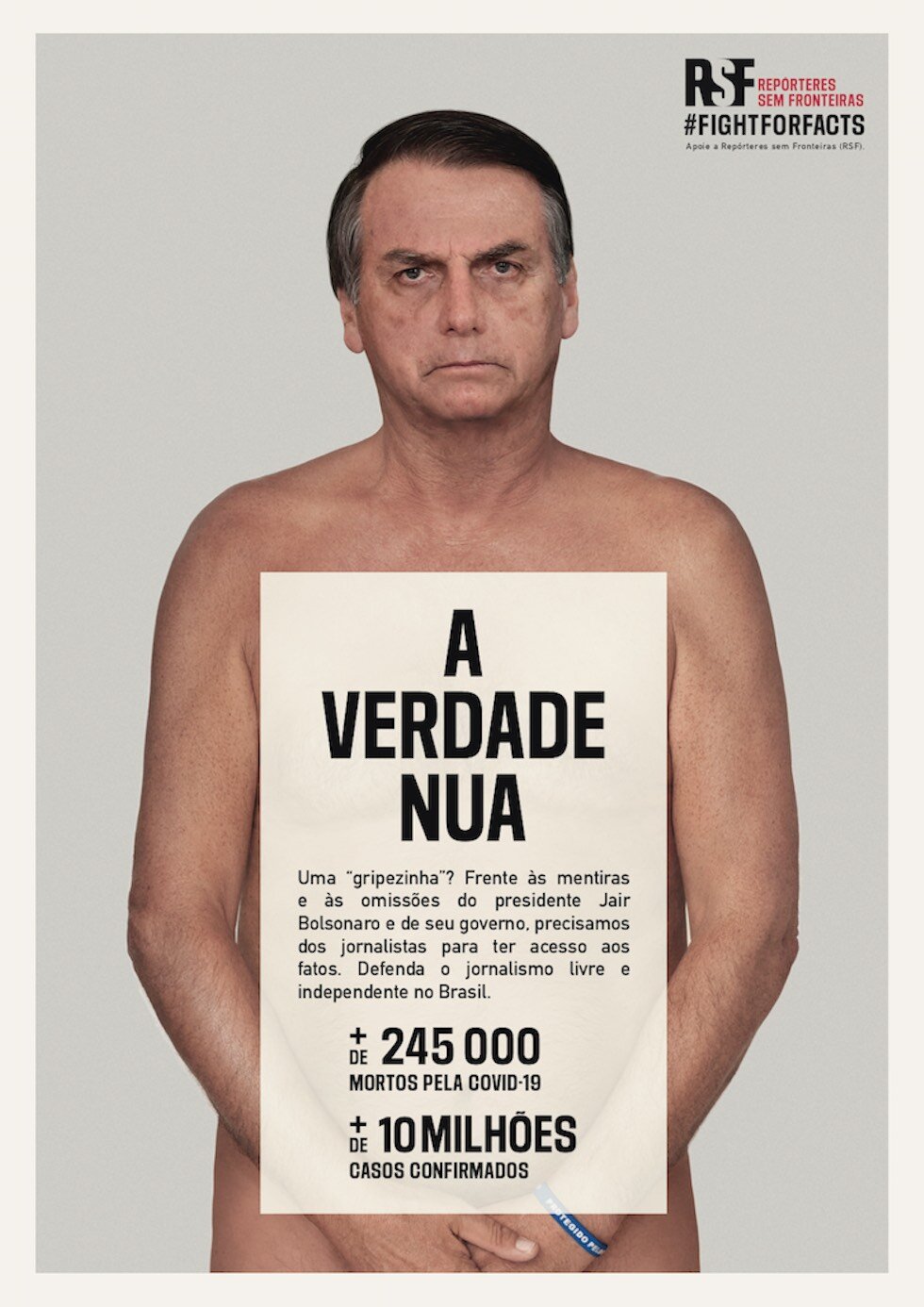 Fotomontagem do presidente Jair Bolsonaro sem roupa, para a campanha “A verdade nua”, da RSF. Foto: Divulgação