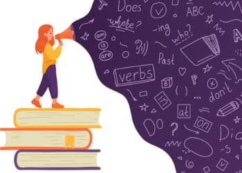 Girl on stack of books talking to megaphone with language doodle