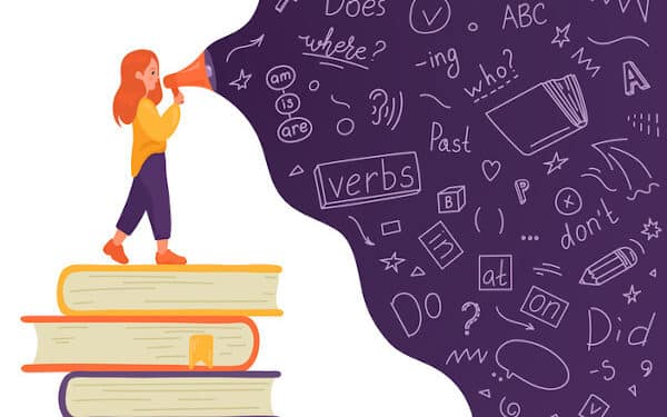 Girl on stack of books talking to megaphone with language doodle