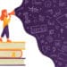 Girl on stack of books talking to megaphone with language doodle