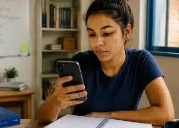 Jovem estudante consulta o celular para verificar informações sobre o cartão de confirmação do Encceja 2026