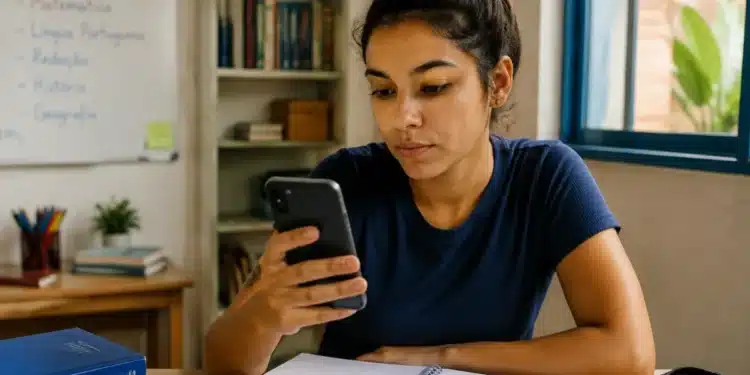 Jovem estudante consulta o celular para verificar informações sobre o cartão de confirmação do Encceja 2026