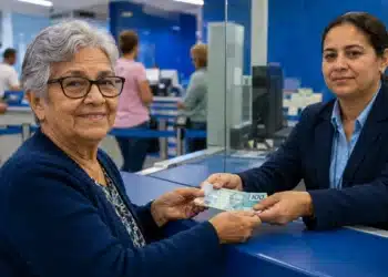 Idosa recebendo dinheiro de uma atendente em agência bancária, representando o pagamento de benefícios do INSS em julho de 2026.