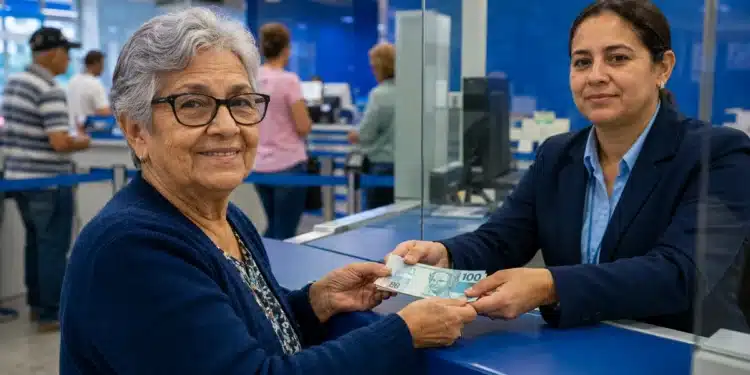 Idosa recebendo dinheiro de uma atendente em agência bancária, representando o pagamento de benefícios do INSS em julho de 2026.