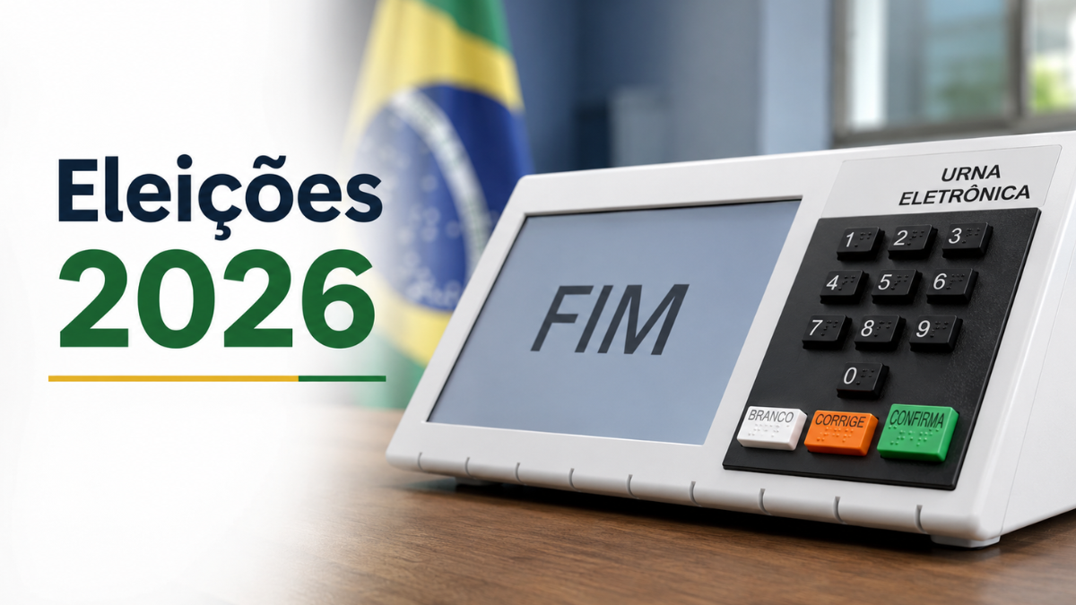 Urna eletrônica com destaque para as Eleições 2026, em referência ao prazo para solicitar o voto em trânsito.