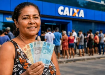 Beneficiária segura cédulas em frente a uma agência da Caixa, representando o pagamento de até R$ 1.000 do Bolsa Família nesta quinta-feira, 20 de agosto.