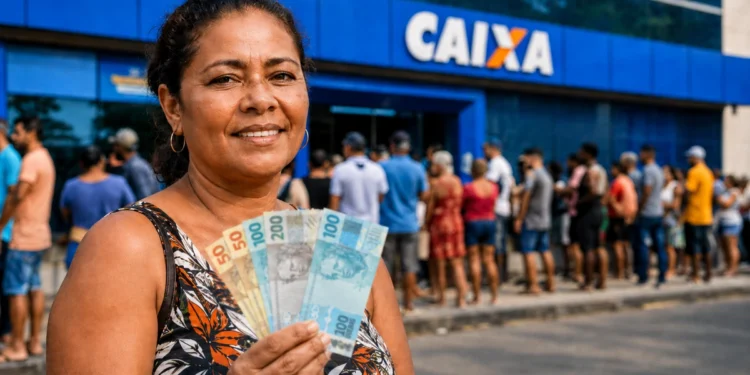 Beneficiária segura cédulas em frente a uma agência da Caixa, representando o pagamento de até R$ 1.000 do Bolsa Família nesta quinta-feira, 20 de agosto.