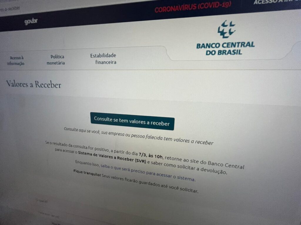 Sistema Valores a Receber do Banco Central - Fonte: Reprodução.