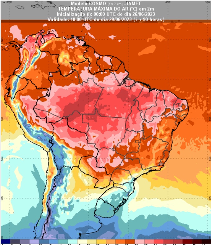 Previsão de temperatura máxima para o dia 29 de junho de 2023, às 15h (horário deBrasília). Fonte: INMET