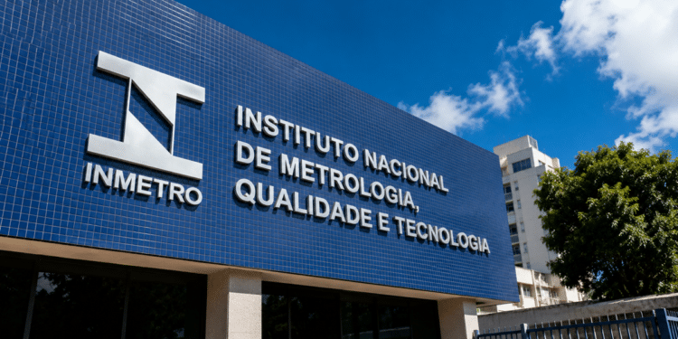 Fachada azul do Instituto Nacional de Metrologia, Qualidade e Tecnologia, com o nome do órgão em letras metálicas