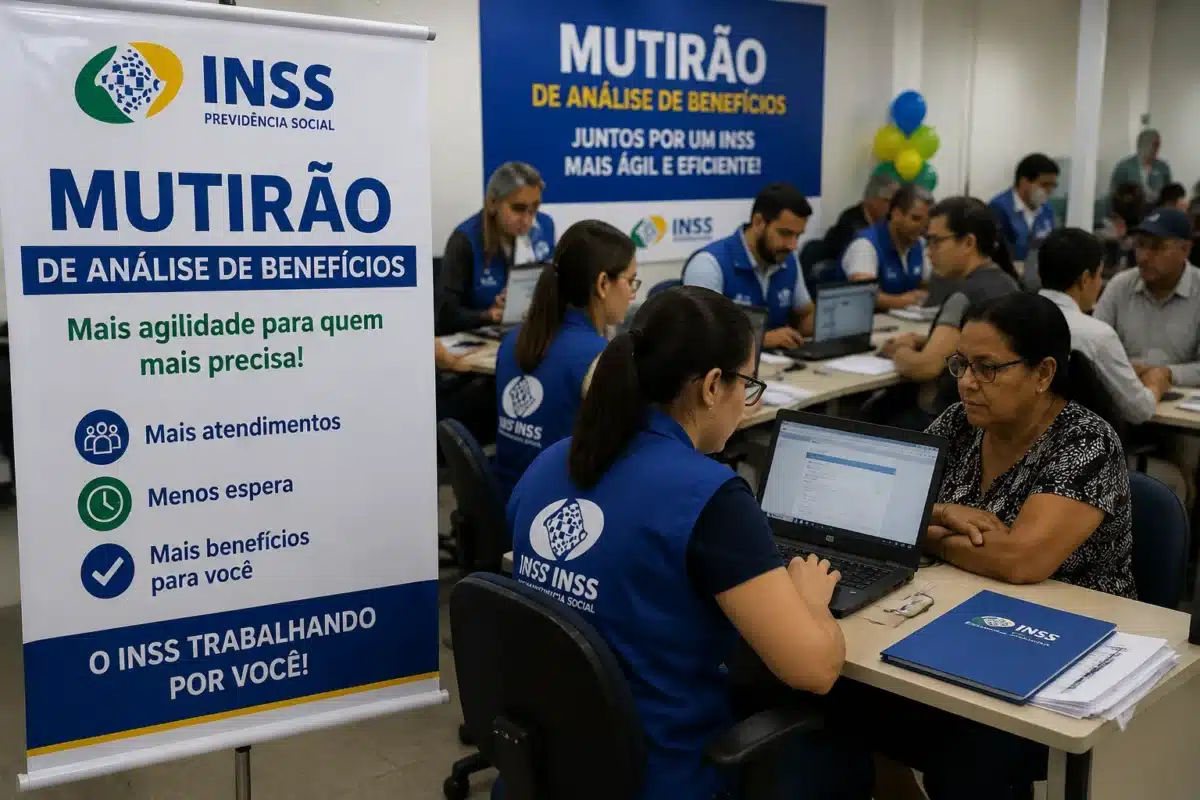 Mutirão do INSS - Aceleração de análise de pedidos de benefícios Servidores atendendo segurados durante um mutirão do INSS, representando as medidas adotadas para acelerar a análise de benefícios previdenciários.