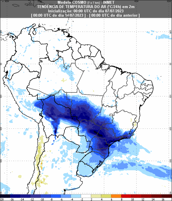 Tendência de queda na temperatura para às 00 UTC do dia 14/07 – 21h (horário de Brasília) do dia 13/07.