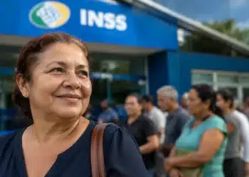 Mulher em frente a uma agência do INSS enquanto aguarda atendimento, representando a queda na fila de benefícios.