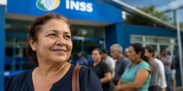 Mulher em frente a uma agência do INSS enquanto aguarda atendimento, representando a queda na fila de benefícios.