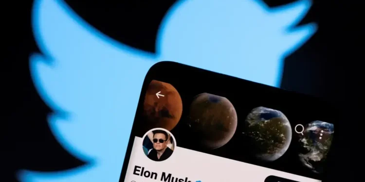 Perfil de Elon Musk aberto no Twitter em um smartphone, com o logotipo da plataforma ao fundo