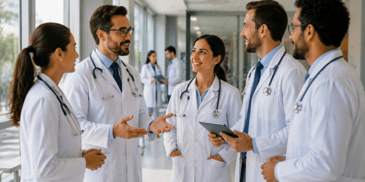 Médicos de jaleco conversam em ambiente hospitalar, representando a divulgação do resultado preliminar da segunda etapa do Revalida 2025/2.