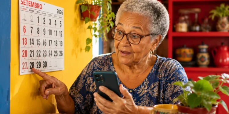 Idosa consulta no celular o pagamento do INSS de setembro de 2026, ao lado do calendário na parede.