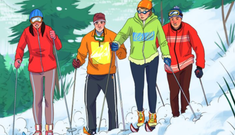 Pessoas esquiam na montanha