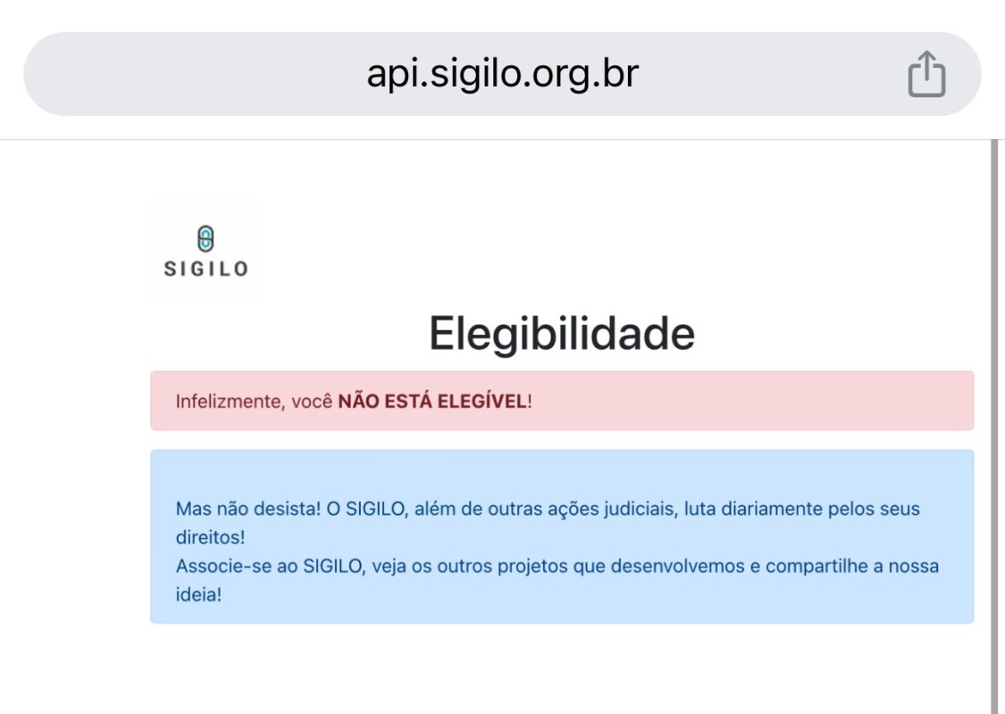 Resultado consulta direito à indenização Auxílio Brasil. Imagem: Instituto Sigilo