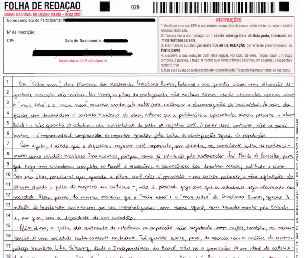 Exemplo de redação nota mil do Enem 2021. Imagem: Reprodução