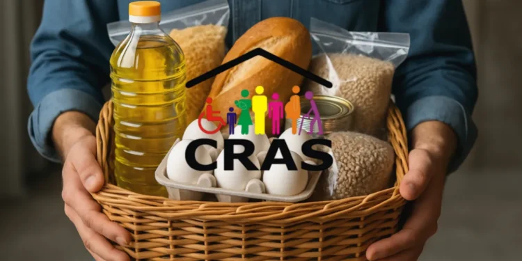 Imagem de cesta básica do CRAS, com itens essenciais como óleo, arroz, pão, ovos e outros produtos alimentícios.