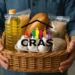 Imagem de cesta básica do CRAS, com itens essenciais como óleo, arroz, pão, ovos e outros produtos alimentícios.
