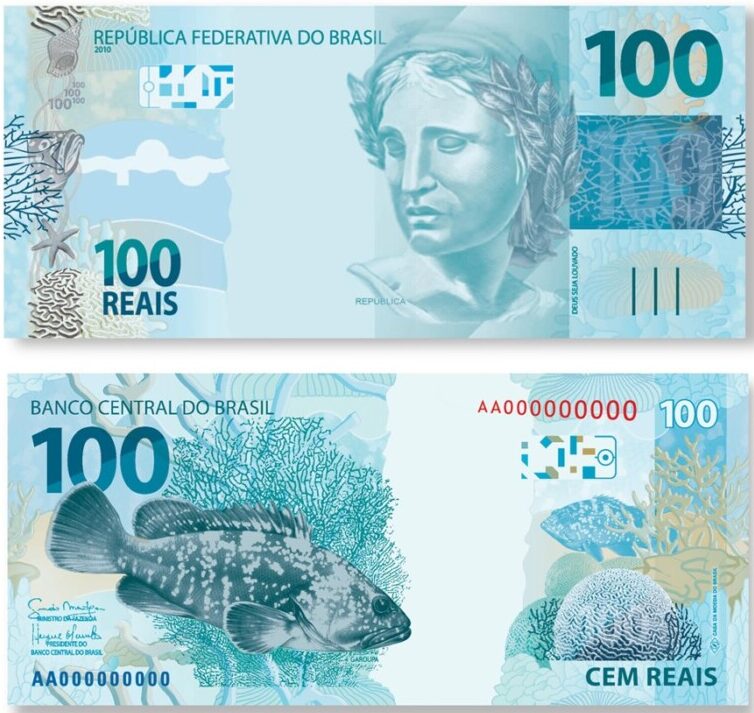 Exemplo de cédula de R$ 100
