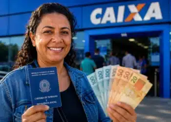 Mulher segura carteira de trabalho e notas de real em frente a uma agência da Caixa, representando a solicitação do Saque Calamidade do FGTS.