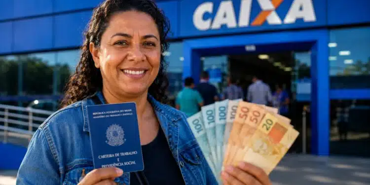 Mulher segura carteira de trabalho e notas de real em frente a uma agência da Caixa, representando a solicitação do Saque Calamidade do FGTS.