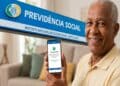 Homem idoso sorrindo e segurando um celular em frente a uma placa da Previdência Social