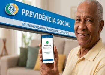 Homem idoso sorrindo e segurando um celular em frente a uma placa da Previdência Social