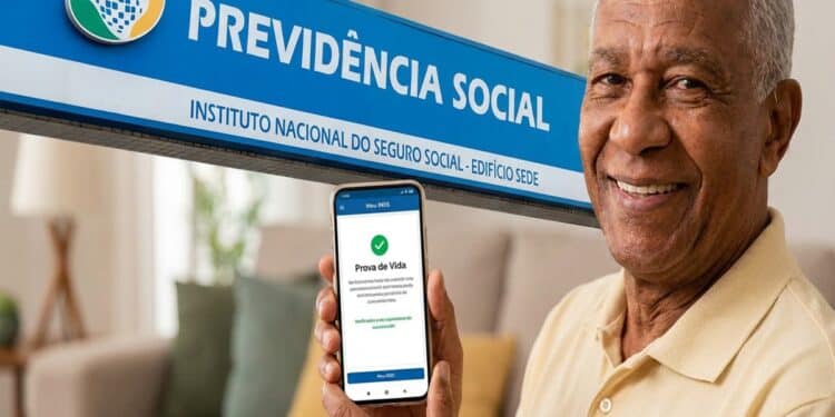 Homem idoso sorrindo e segurando um celular em frente a uma placa da Previdência Social