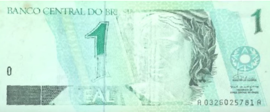 Cédula de 1 Real de 1994 com tinta fraca ou impressão falha. Imagem: Divulgação