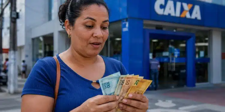 Mulher conta cédulas em frente a uma agência da Caixa, representando o pagamento de até R$ 1.050 do Bolsa Família.