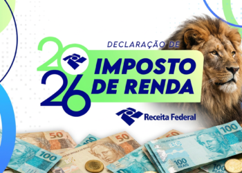 Arte de divulgação da declaração do Imposto de Renda 2026 com a marca da Receita Federal, a figura do leão e cédulas de real, em referência ao encerramento do calendário de restituições