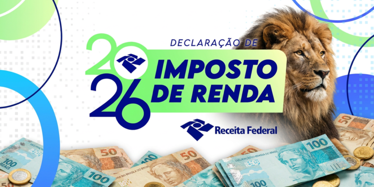 Arte de divulgação da declaração do Imposto de Renda 2026 com a marca da Receita Federal, a figura do leão e cédulas de real, em referência ao encerramento do calendário de restituições