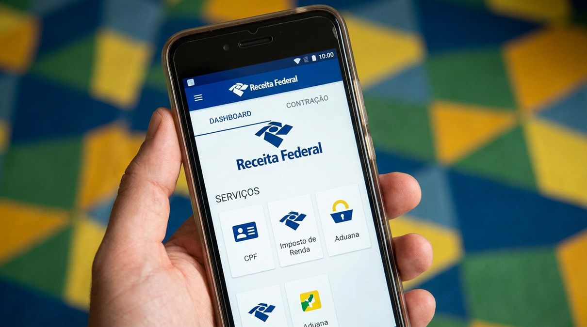 Imagem ilustrativa de mão segurando celular com o aplicativo da Receita Federal aberto na tela de serviços, em referência ao procedimento quando a restituição não é depositada na conta indicada