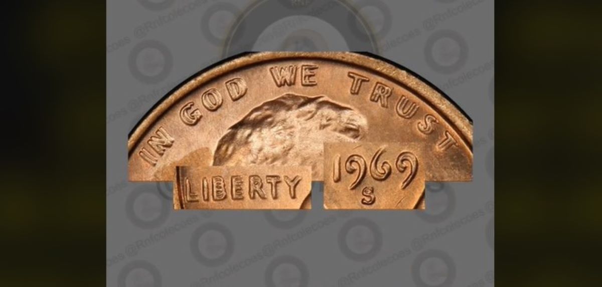 Moeda de 1 Centavo Americano de 1969 de letra S com reverso duplicado