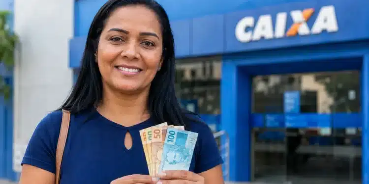 Mulher segura cédulas em frente a uma agência da Caixa, representando os pagamentos de até R$ 800 do Bolsa Família nos dias 23 e 24 de julho.