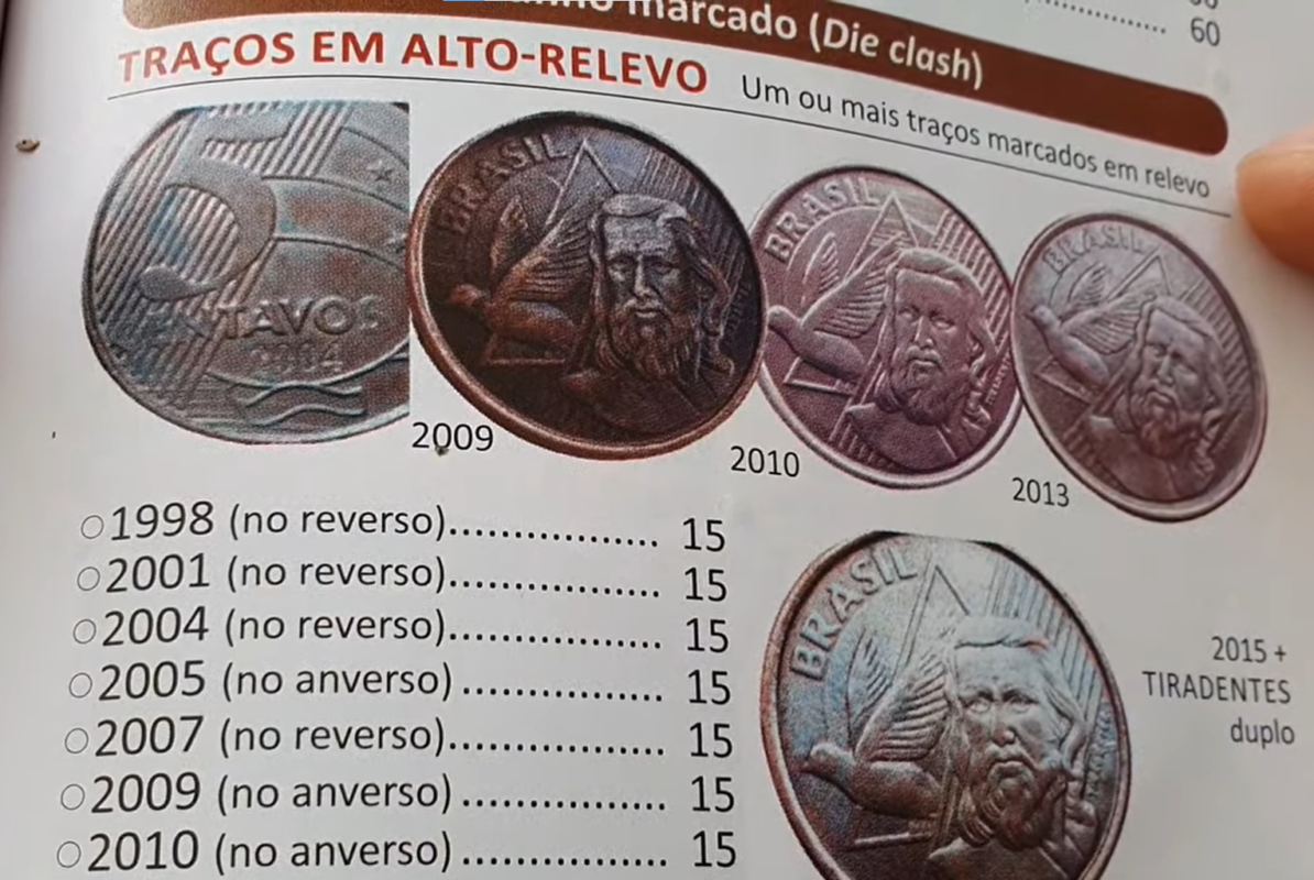 Moedas de 5 centavos de 1998 a 2013 com traços no reverso