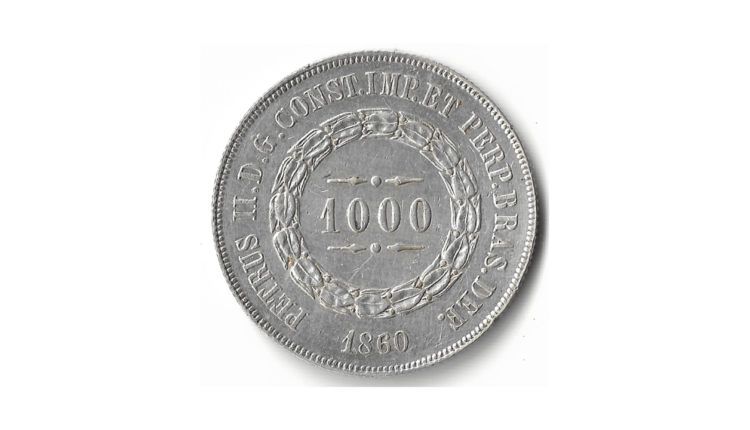 A edição de 1000 réis de 1860 é uma moeda rara bastante procurada pelos colecionadores de peças antigas.