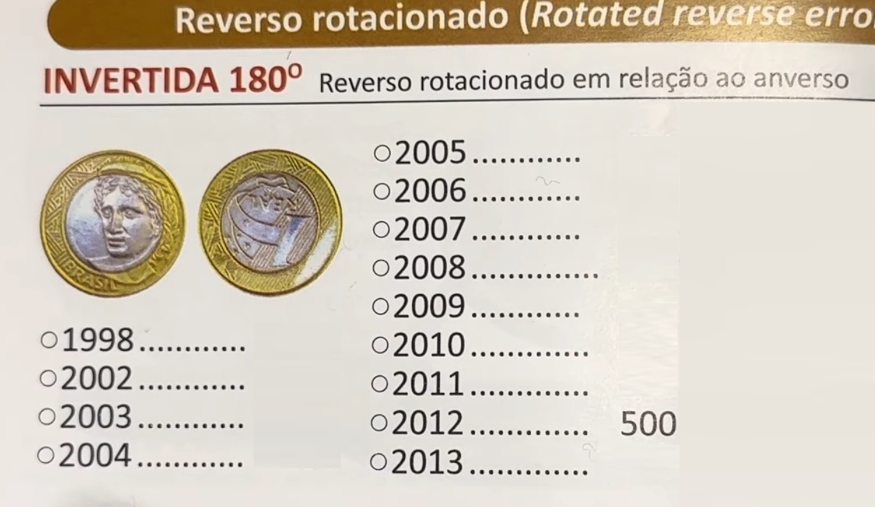 Moeda de 1 real de 2012 com reverso invertido