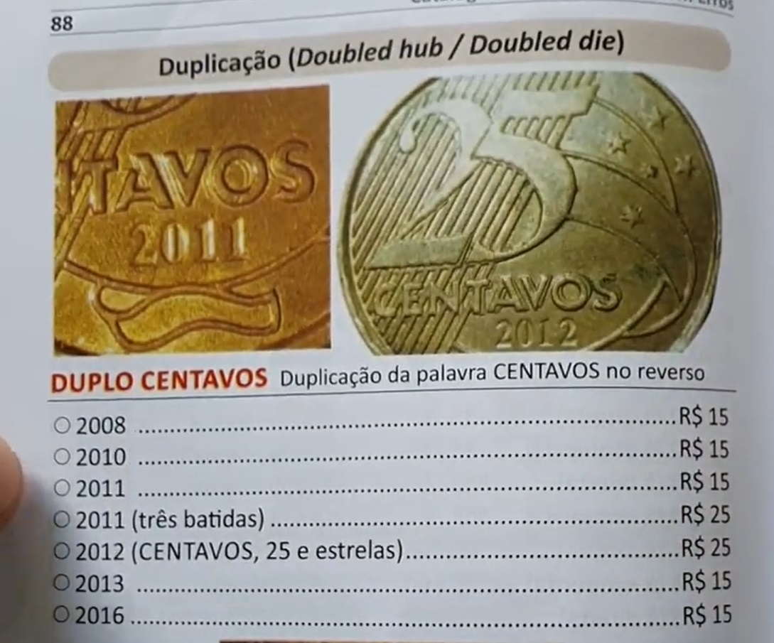 Moedas de 25 centavos de 2008 a 2016 com duplo 'centavos'