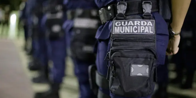 Imagem ilustrativa de agentes da Guarda Municipal perfilados em formação, com destaque para o brasão no equipamento tático, em referência ao concurso da Guarda de Goiânia