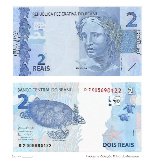 Cédula de 2 reais com características comuns